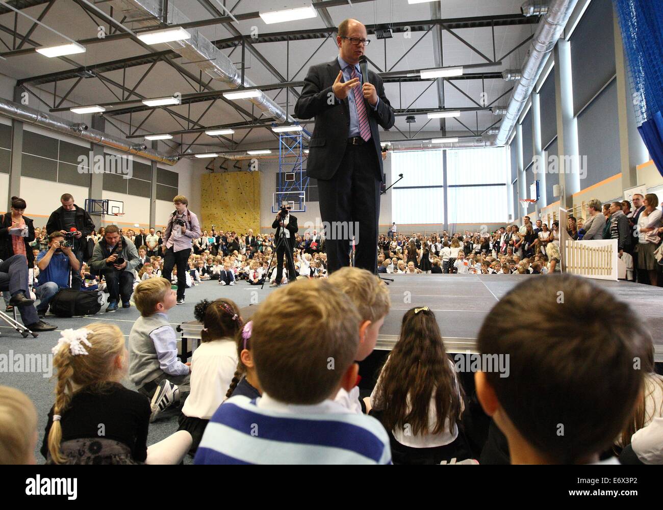 Gdansk, Poland 1st, August 2014 New school year inauguration in newly build school in Gdansk Kokoszki. In the new primary school begins their education over 600 children. Mayor of Gdansk - Pawel Adamowicz speaks during the inauguration Credit:  Michal Fludra/Alamy Live News Stock Photo