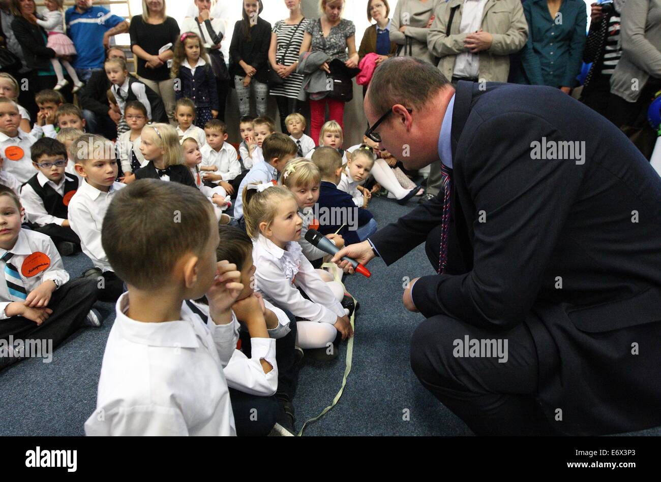 Gdansk, Poland 1st, August 2014 New school year inauguration in newly build school in Gdansk Kokoszki. In the new primary school begins their education over 600 children. Mayor of Gdansk - Pawel Adamowicz speaks during the inauguration Credit:  Michal Fludra/Alamy Live News Stock Photo