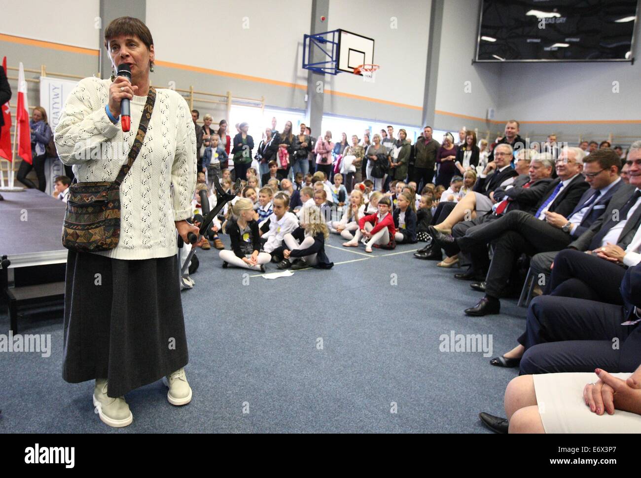 Gdansk, Poland 1st, August 2014 New school year inauguration in newly build school in Gdansk Kokoszki. In the new primary school begins their education over 600 children. Joanna Ochojska the Polish Humanitarian Action chairman takse part in the inauguration. Credit:  Michal Fludra/Alamy Live News Stock Photo