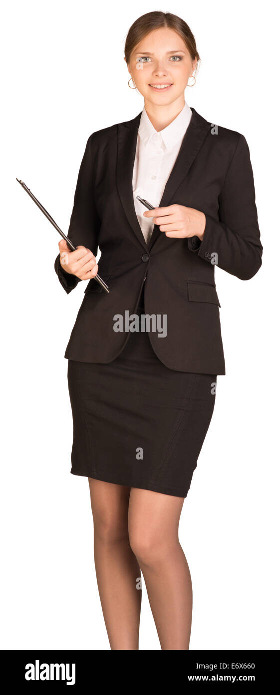 Businesswoman stand holding paper holder and pen Stock Photo - Alamy
