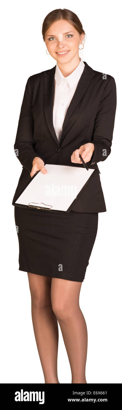 Businesswoman stand holding paper holder and pen Stock Photo - Alamy