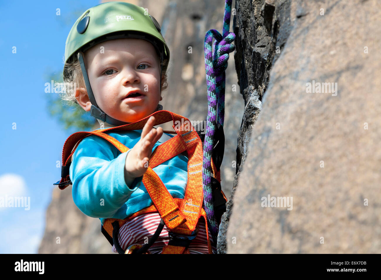 Boy (2 years) climbing in a quarry near Leipzig, Saxony, Germany Stock Photo