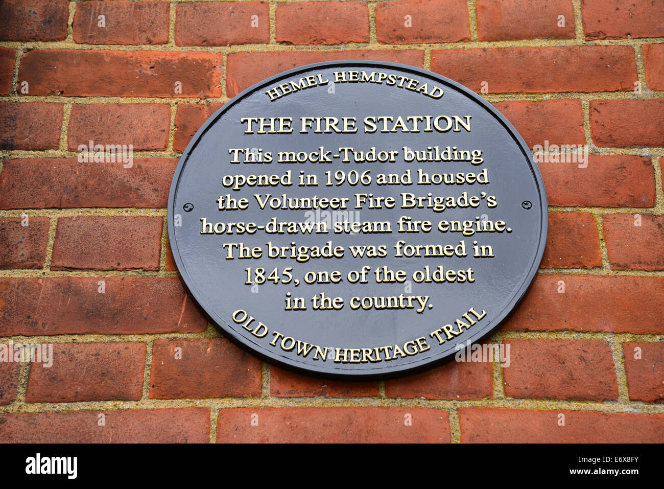 Old fire station heritage trail plaque, High Street, Old Town, Hemel Hempstead, Hertfordshire, England, United Kingdom Stock Photo