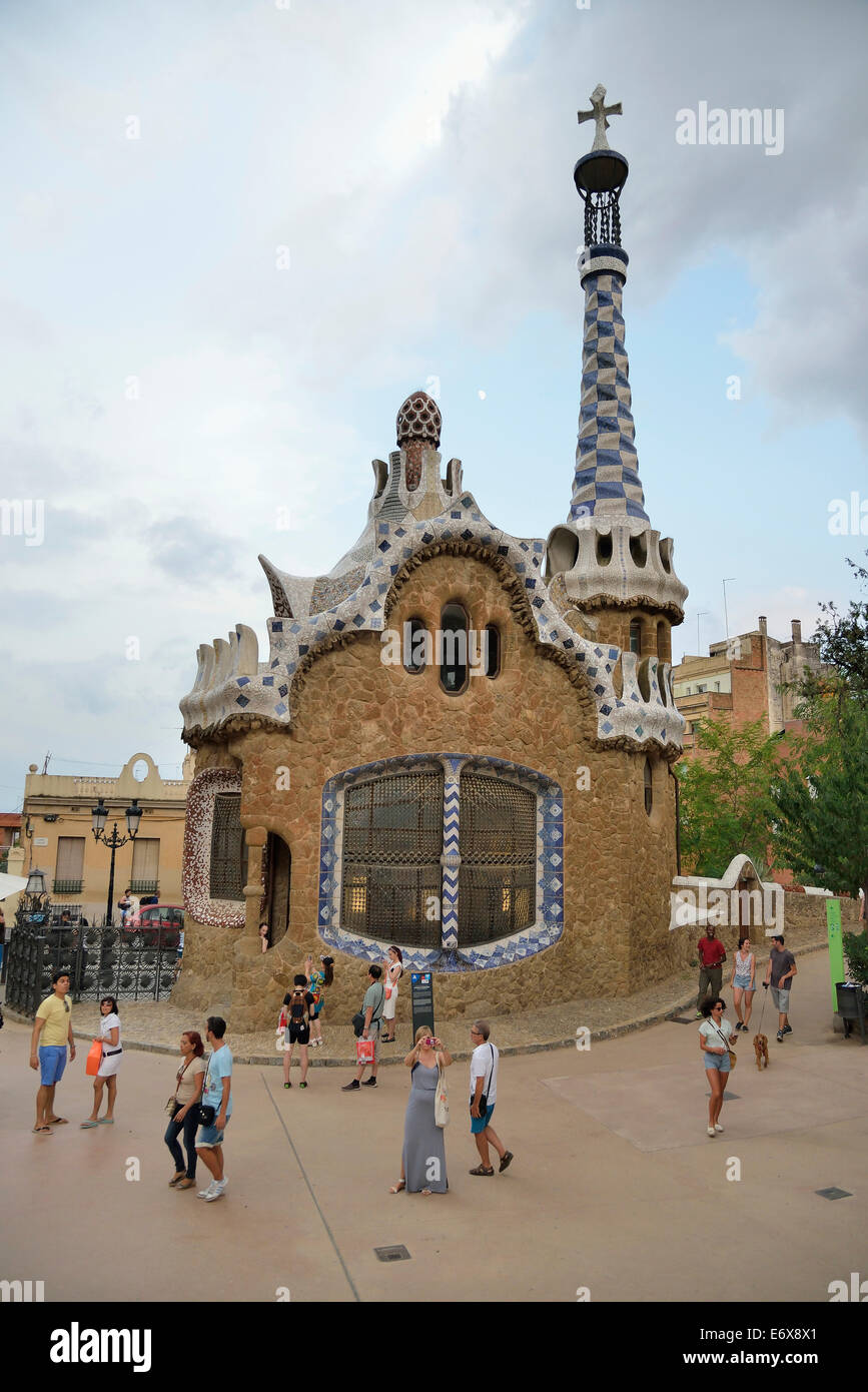 Gatehouse at Parc Güell, by architect Antoni Gaudí, UNESCO World Heritage Site, Barcelona, Catalonia, Spain Stock Photo