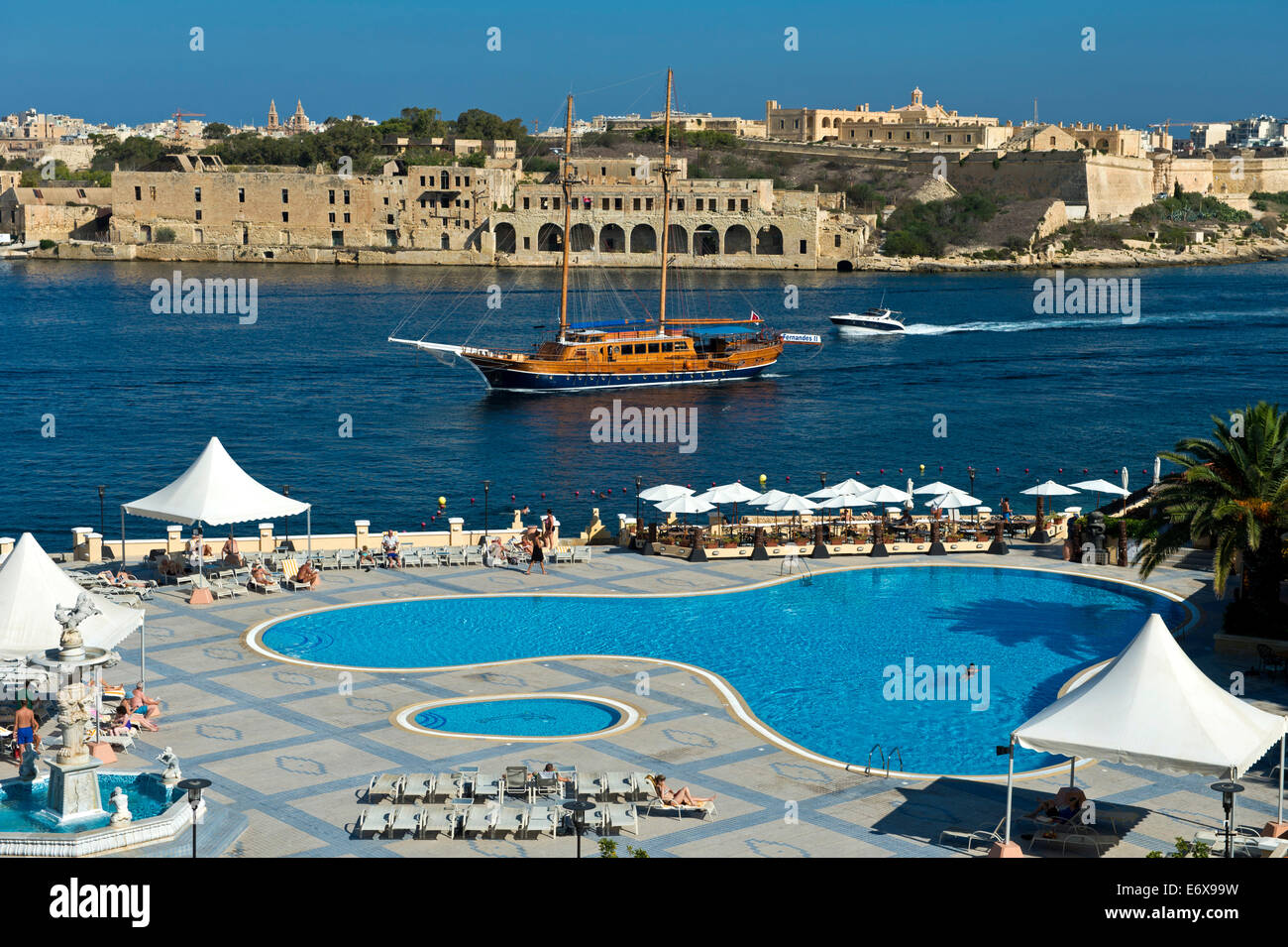 View from the pool area of the Grand Hotel Excelsior Malta of Marsamxett Harbour, Valletta, Malta Stock Photo