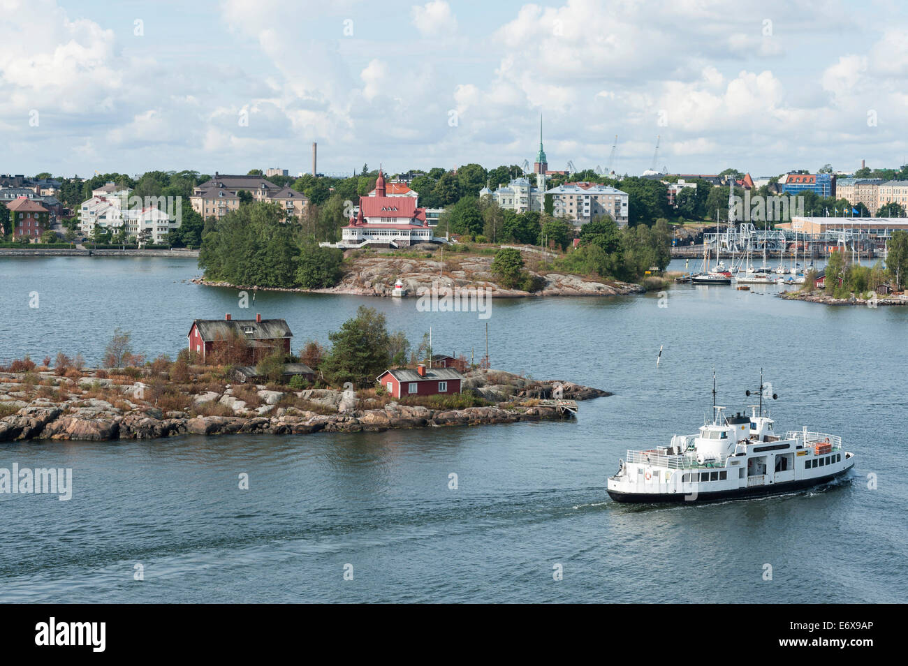 Ryssholmen island at the harbour entrance of Helsinki, at the back Luoto Island with the Archipel Restaurant, Helsinki, Finland Stock Photo