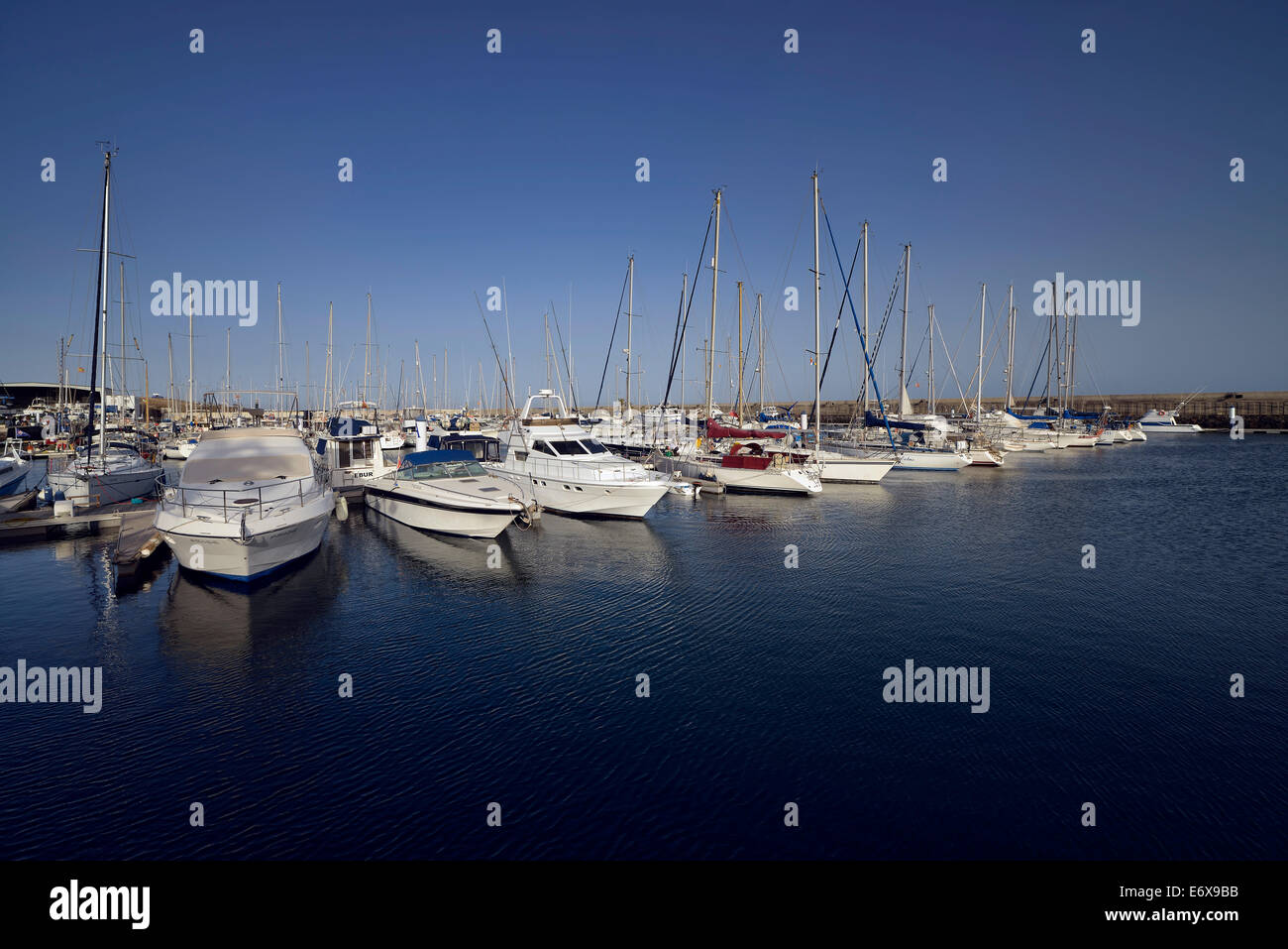 Sailing yachts in the marina of Puerto Calero, Lanzarote, Canary Islands, Spain Stock Photo