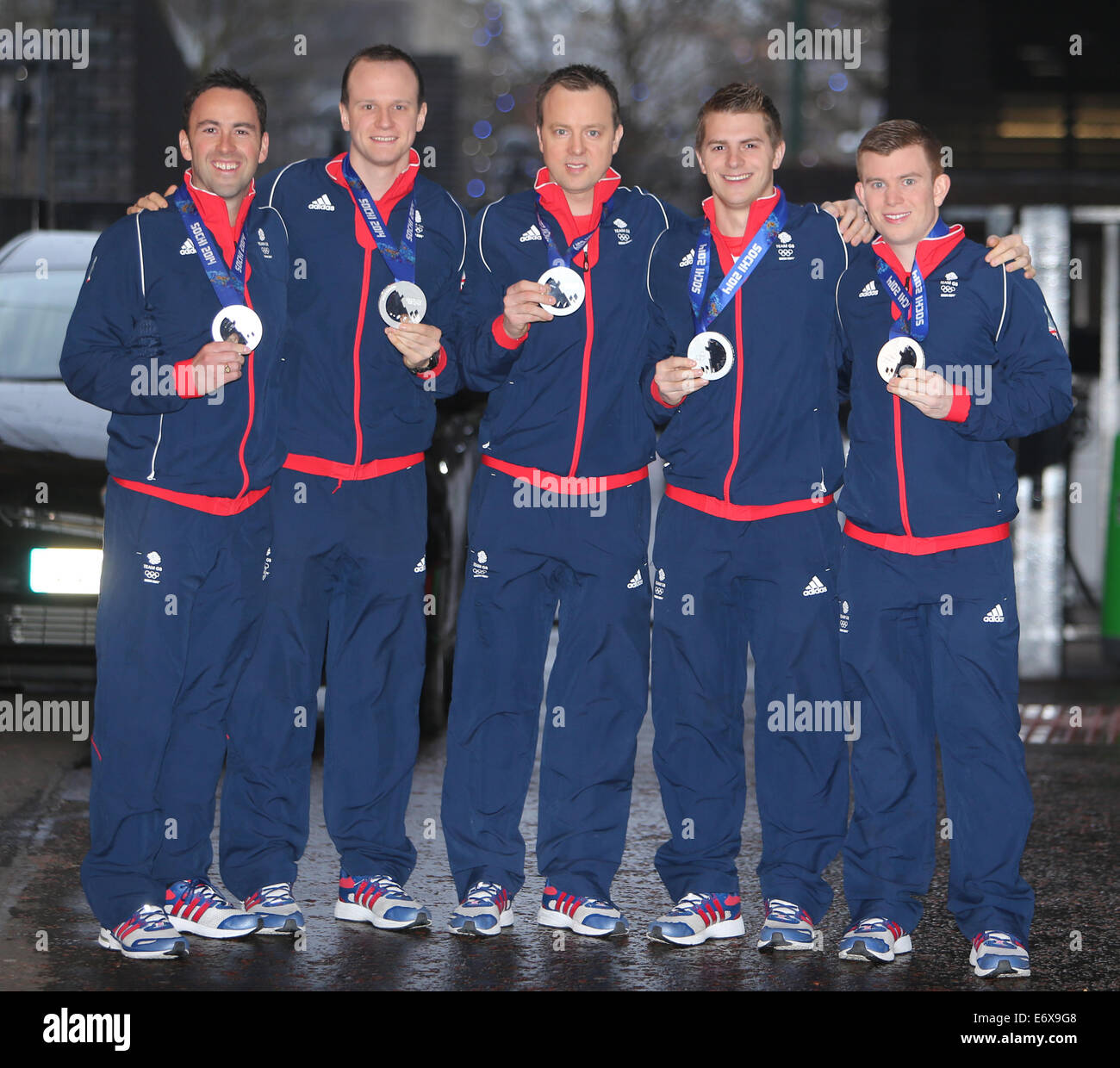 Winter Olympic Heroes outside ITV Studio  Featuring: Greg Drummond,David Murdoch,Scott Andrews,Michael Goodfellow and Tom Brewster Where: London, United Kingdom When: 25 Feb 2014 Stock Photo