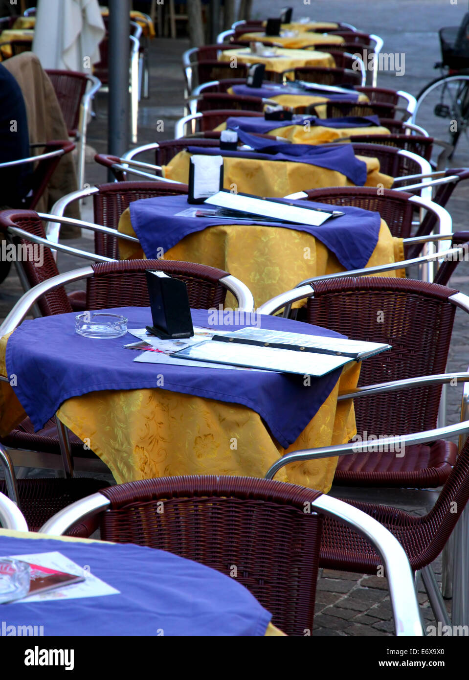 table in the street of  an european city Stock Photo