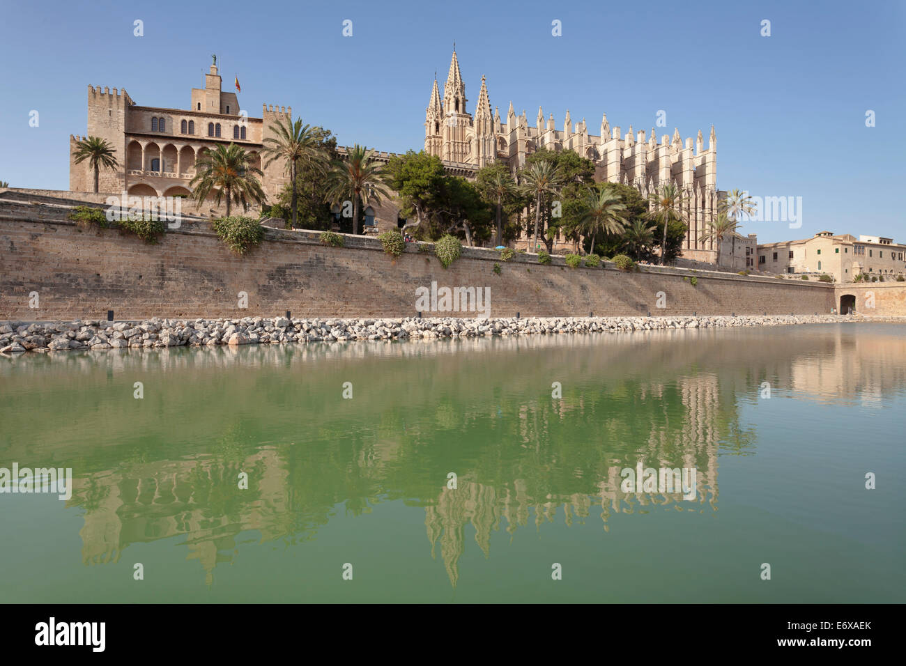 Palma Cathedral at the marine park Parc de la Mar, Palma de Majorca, Majorca, Balearic Islands, Spain Stock Photo