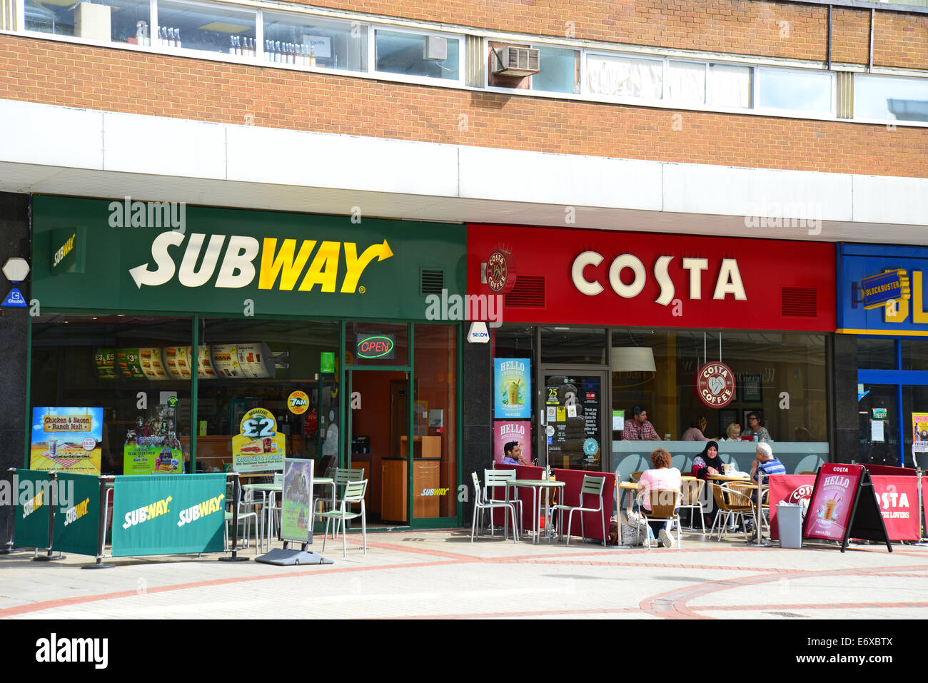 Costa Coffee shop and Subway fast food restaurant, High Street, Hemel Hempstead, Hertfordshire, England, United Kingdom Stock Photo