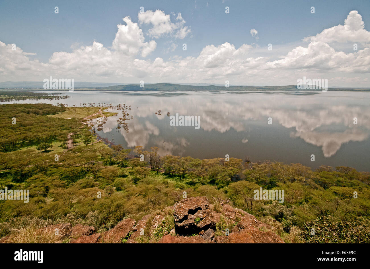 Panoramic view of flooded high level Lake Nakuru from summit of Baboon Cliffs Lake Nakuru National Park Kenya East Africa PANORA Stock Photo