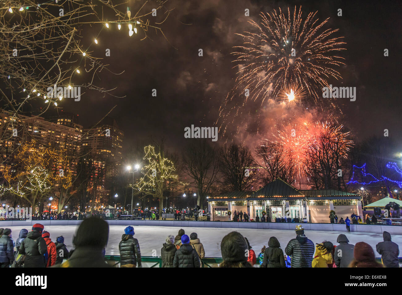 New Year's Eve fireworks over Boston Common Frog Pond, Boston, Massachusetts, USA Stock Photo