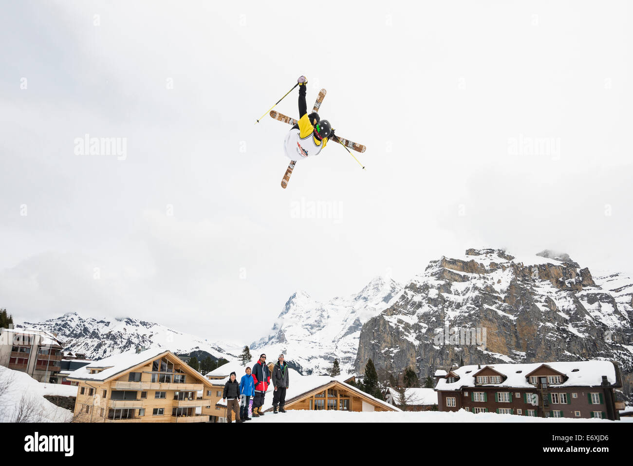 Freestyle skier in action, whitestyle open, freestyle competition, Muerren, canton of Bern, Switzerland Stock Photo