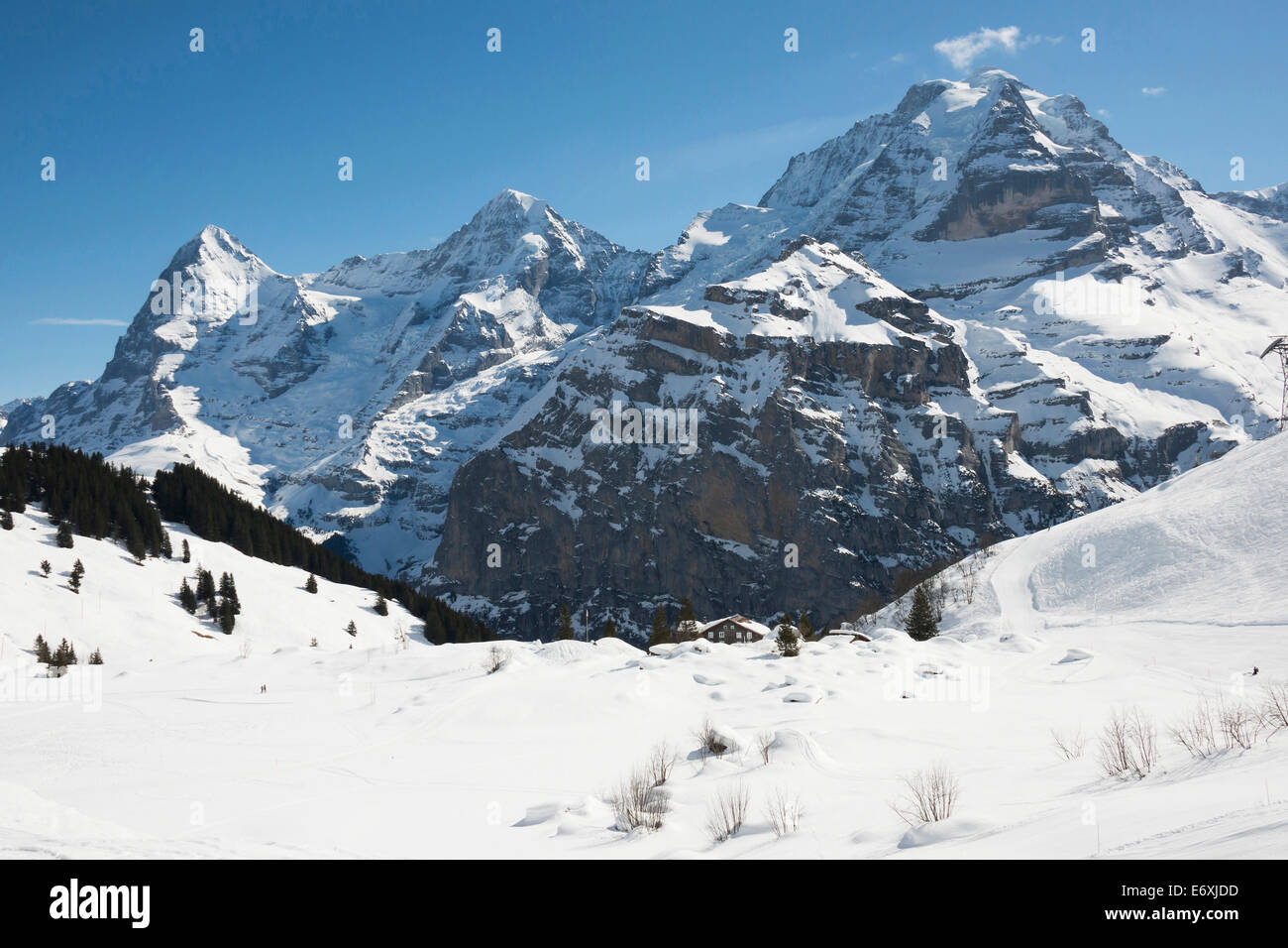 Winter landscape with Moench, Eiger und Jungfrau, Muerren, Berner Oberland, canton of Bern, Switzerland Stock Photo