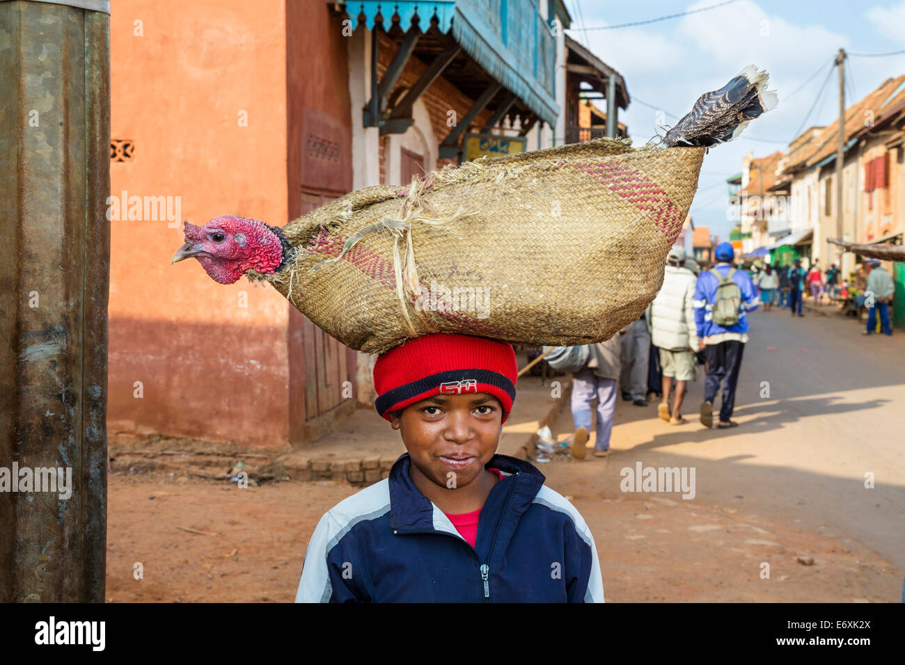 Madagascan boy carrying a turkey on his head, Betsileo tribe, Ambalavao, Fianarantsoa Region, Madagascar, Africa Stock Photo