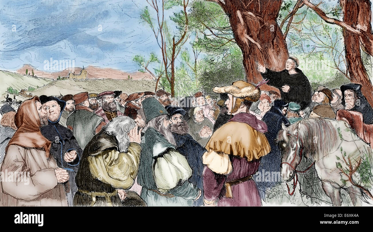 Martin Luther (1483-1546). German reformer. Luther preaching to the crowd in Mora. Engraving by A. Sigismund. Colored. Stock Photo