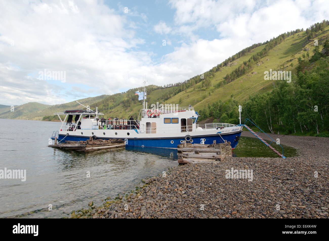 Dive boat 'Mif' (eg. Myth). Lake Baikal, Siberia, Russia, Eurasia Stock Photo