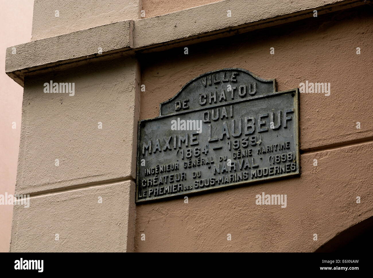 CHATOU, FRANCE - PLAQUE DEDICATED TO MAXIME LAUBEUF (1864-1939) ENGINEER GENERAL OF THE NAVY. PHOTO:JONATHAN EASTLAND/AJAX Stock Photo