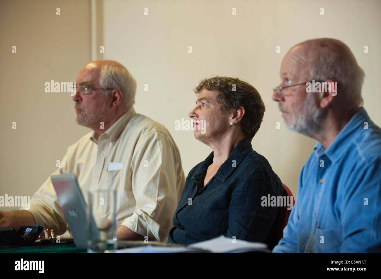 Newport, UK. 1st September 2014. Chaired by Kate Hudson (Chair of CND) - Joseph Gerson (L)(USA) & Dave Webb (R) (CND) talk about Nuclear Weapon Abolition at The Alternative Peace Summit which takes place all week at The Dolman Theatre. Worldwide Peace Supporters continue in a week of protest ahead of the NATO Summit at the Celtic Manor which will be attended by 150 heads of state and ministers on the 4th & 5th September. Credit:  Graham M. Lawrence/Alamy Live News. Stock Photo