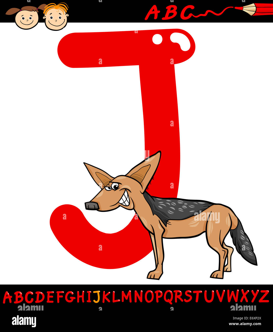 Cartoon Illustration of Capital Letter J from Alphabet with Jackal Animal for Children Education Stock Photo