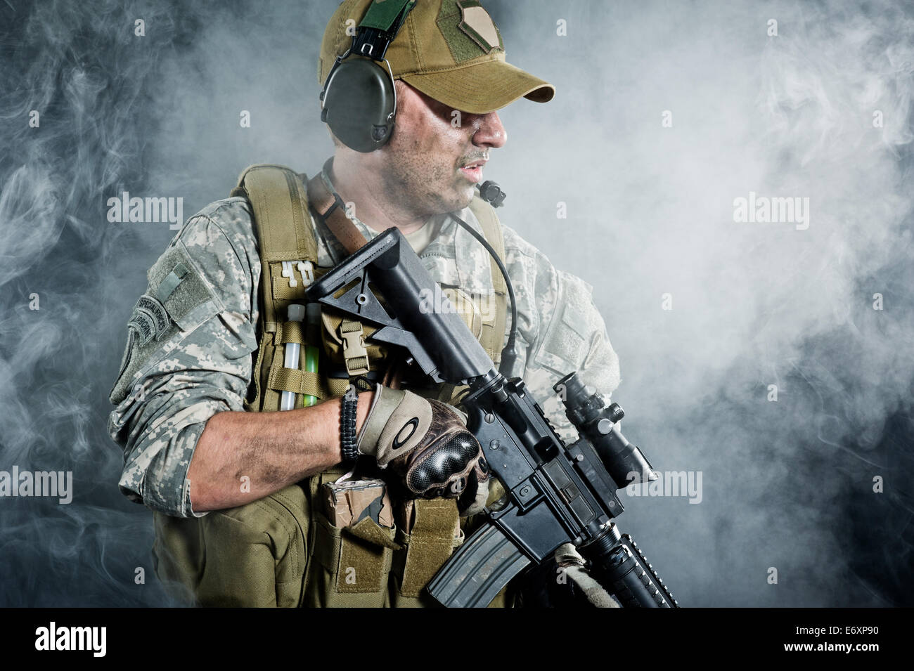 The attacking troops through the smoke after the explosion Stock Photo
