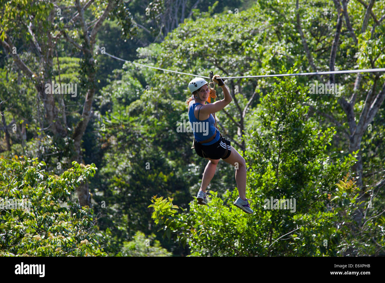 Celebrity chef Sarah Wiener ziplining through a rainforest canopy, Golfito, Puntarenas, Costa Rica Stock Photo