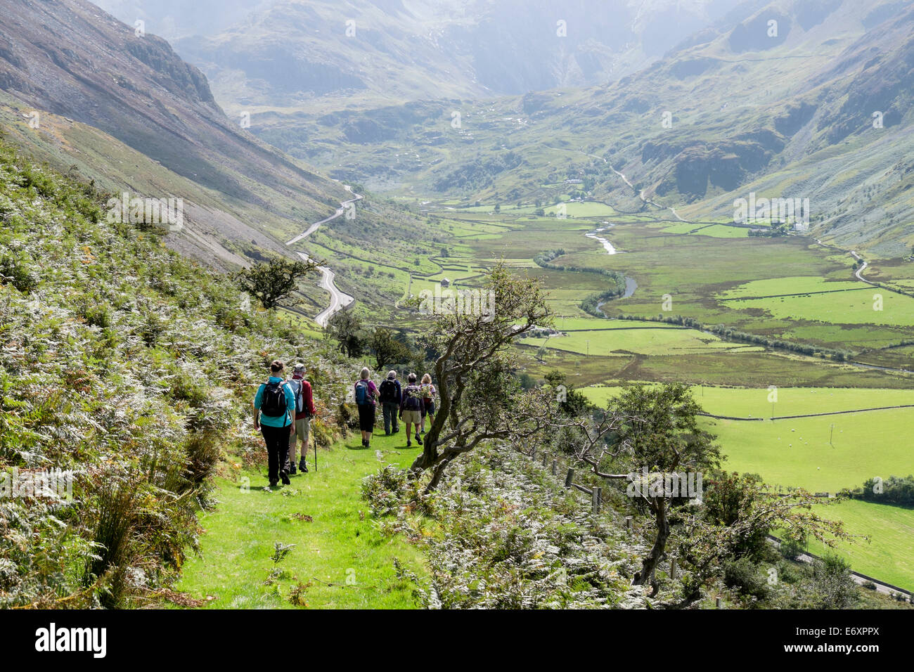 Walkers walking descending a path above Nant Ffrancon valley in Snowdonia National Park. Bethesda, Gwynedd, North Wales, UK, Britain Stock Photo