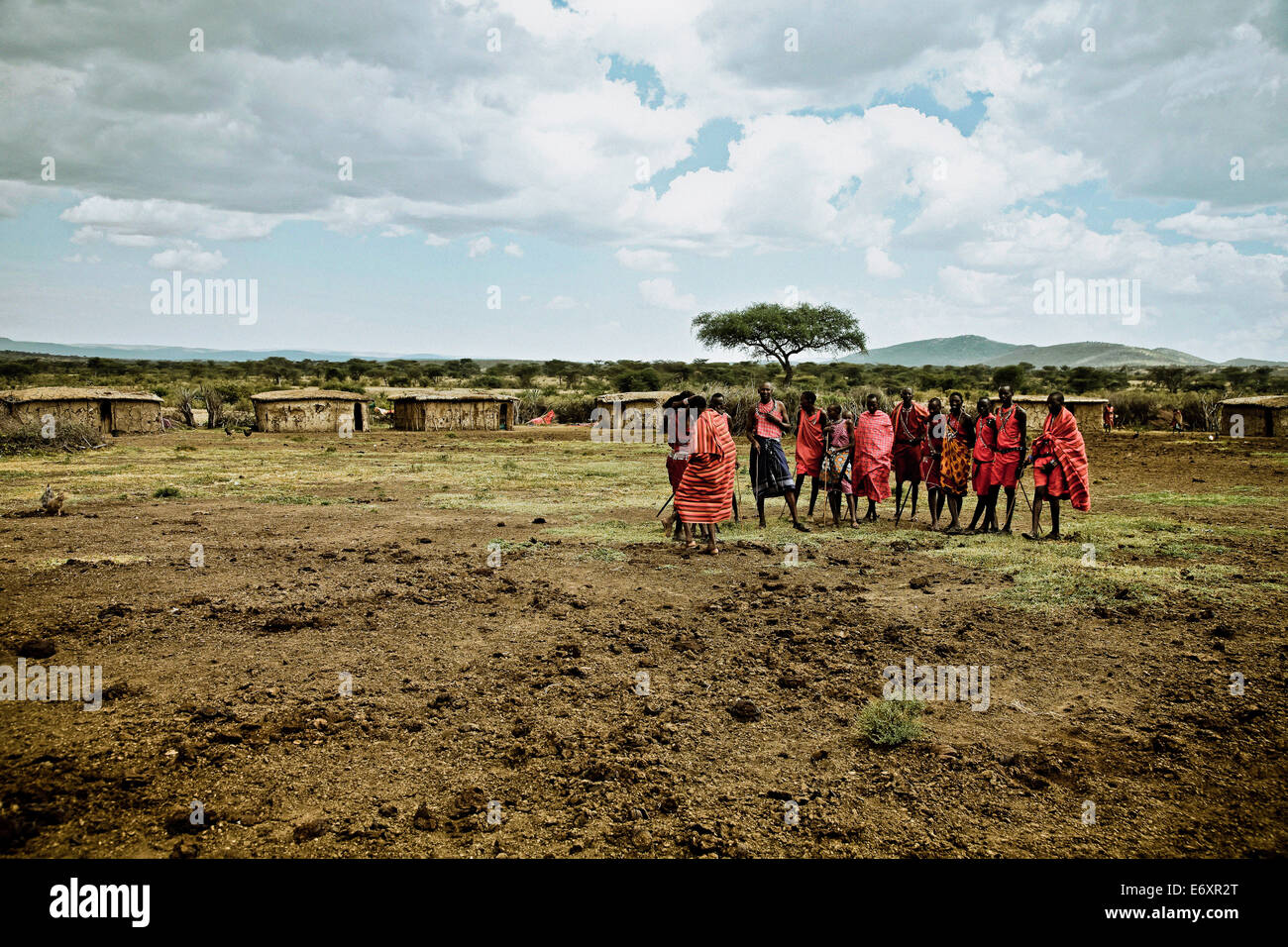 Young men from the Massai tribe near their village, Kenya, Africa Stock Photo