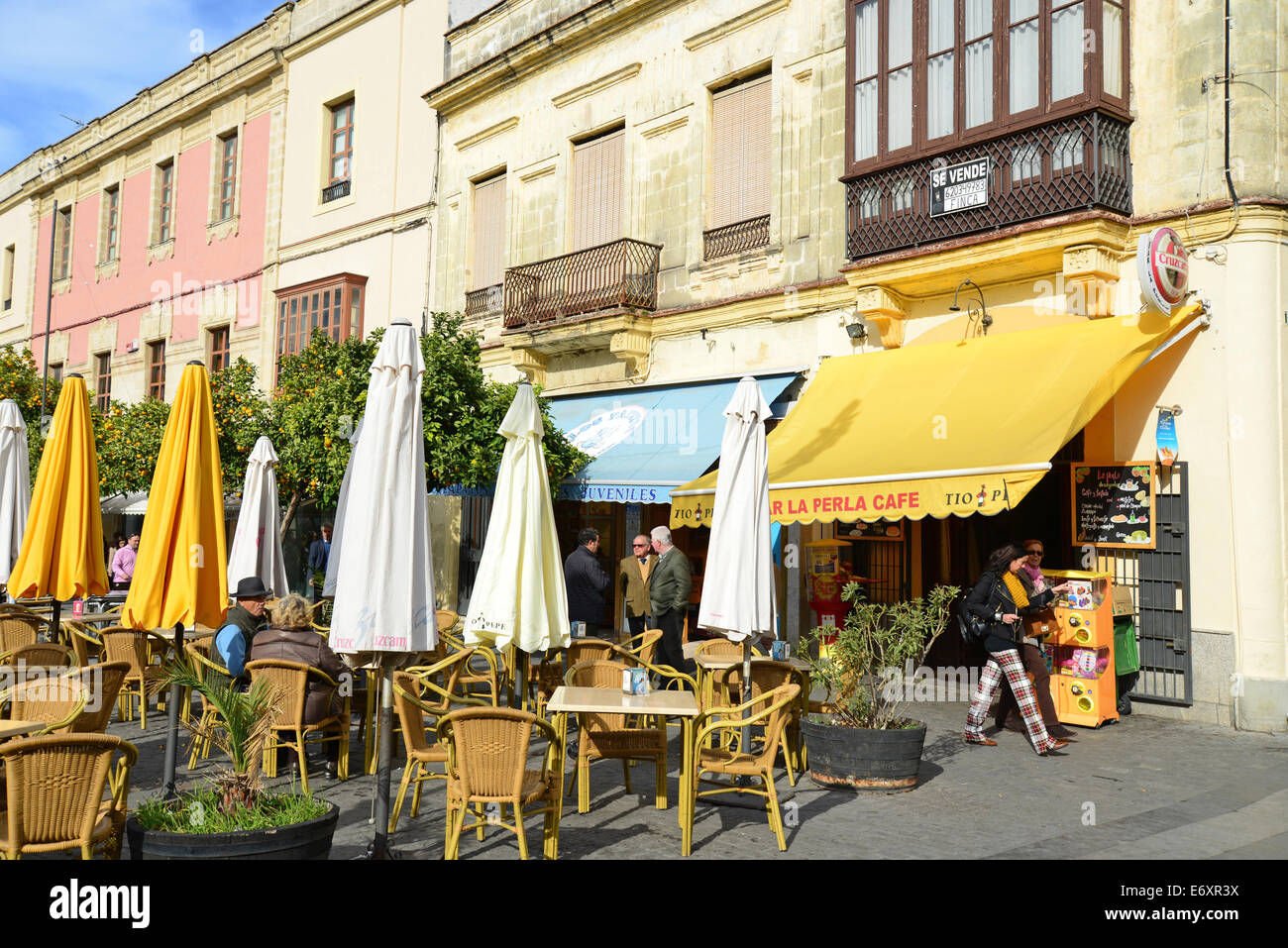 Outdoor cafes, Calle Doña Blanca, Jerez de la Frontera, Province of Cádiz, Andalusia, Kingdom of Spain Stock Photo
