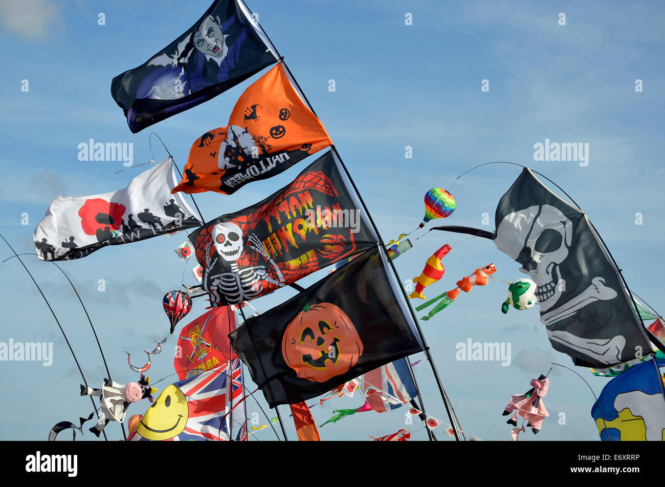 Brightly coloured flags, banners and streamers with comedy and other