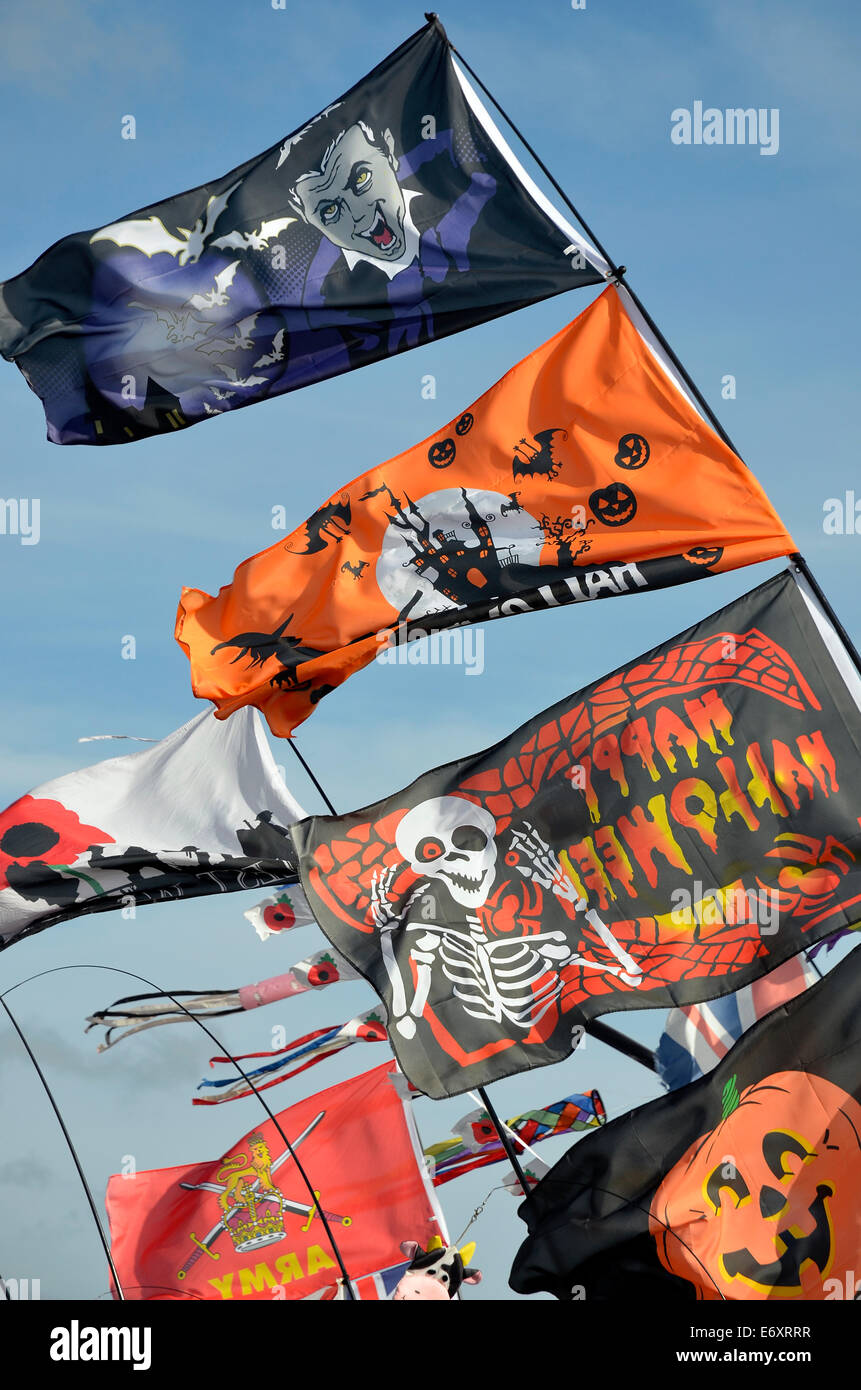 Brightly coloured flags, banners and streamers with comedy and other