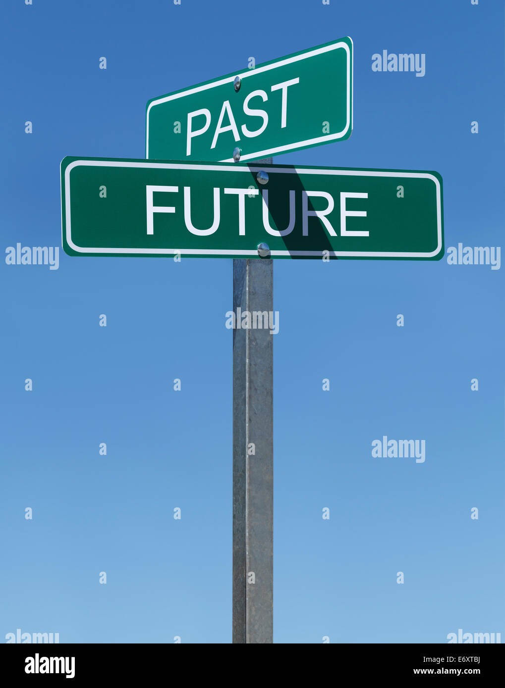 Two Green Street Signs Past and Future On Metal Pole Isolated on White Background. Stock Photo