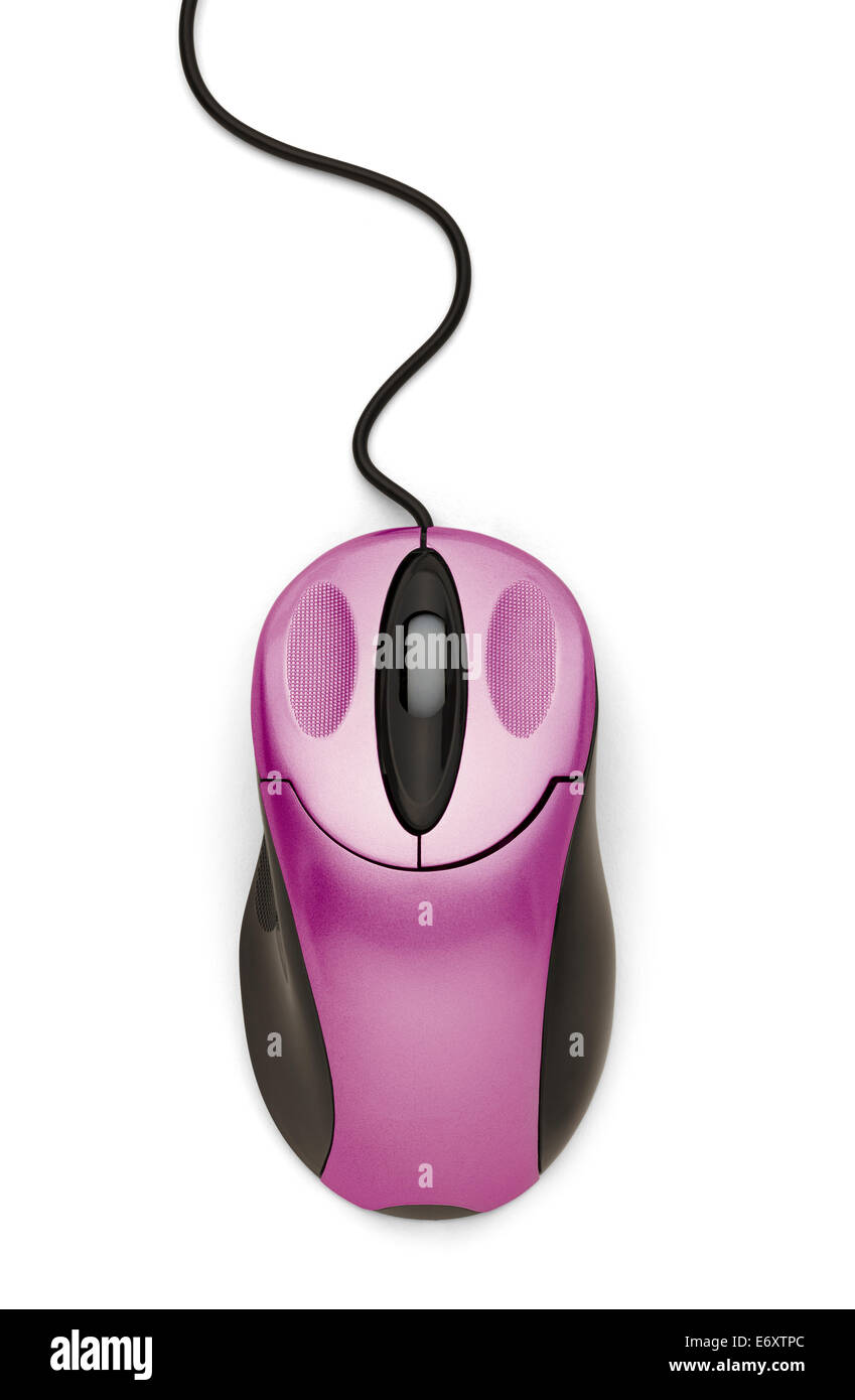 Pink Computer Mouse with Cord Isolated on White Background. Stock Photo