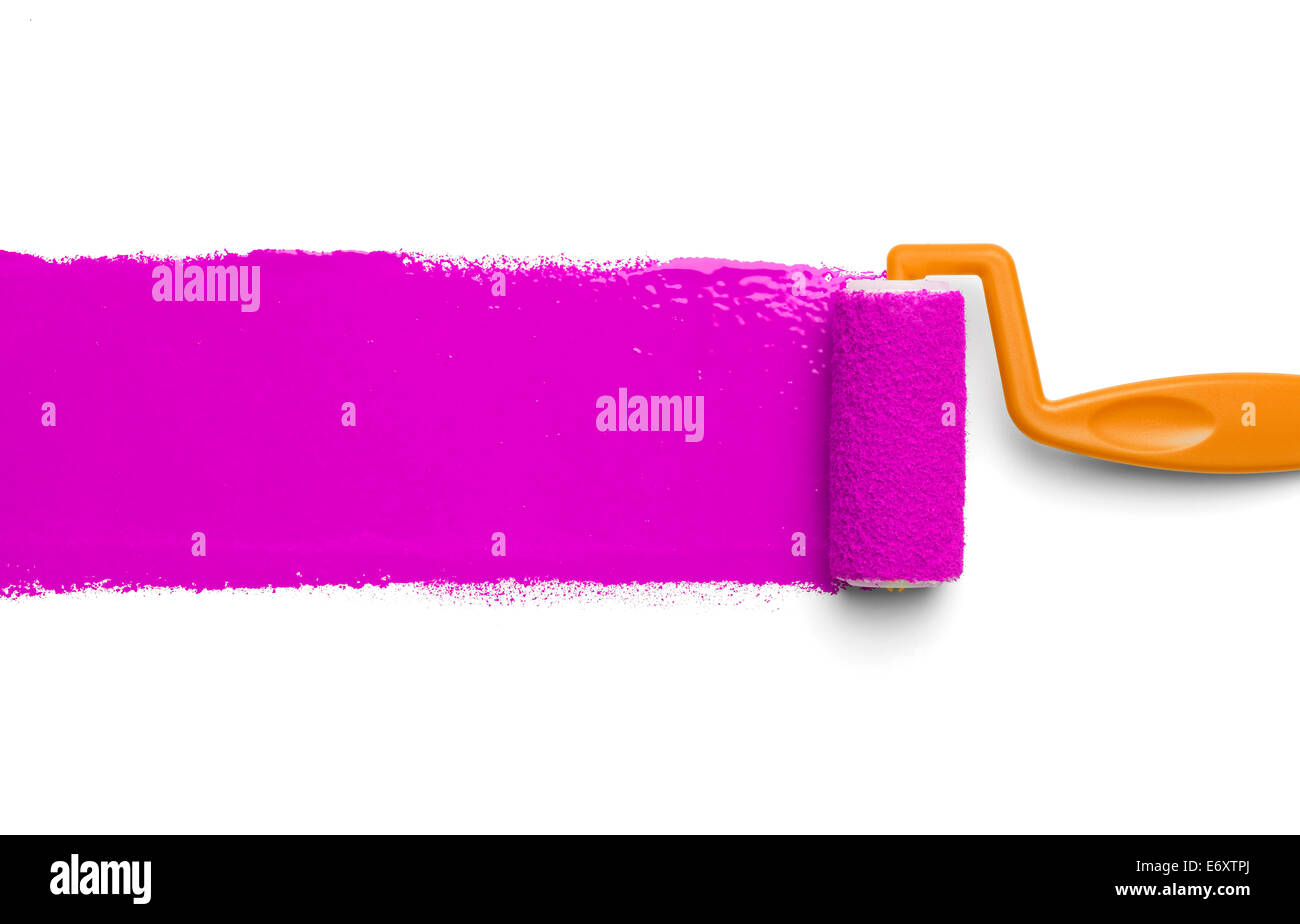 Plastic Paint Roller with Pink Paint Isolated on White Background Stock