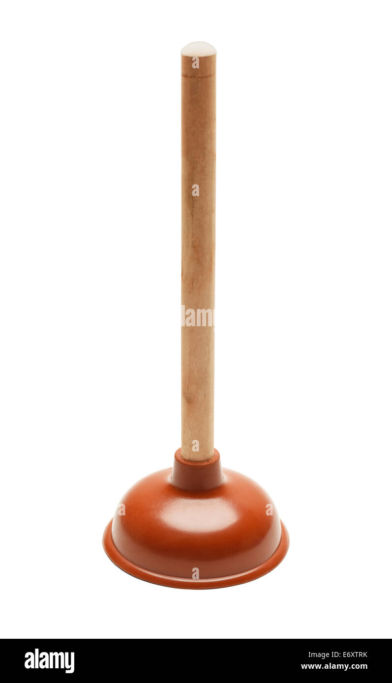 Bathroom Plunger with Red Rubber Cup and Wood Handle Isolated on White Background. Stock Photo