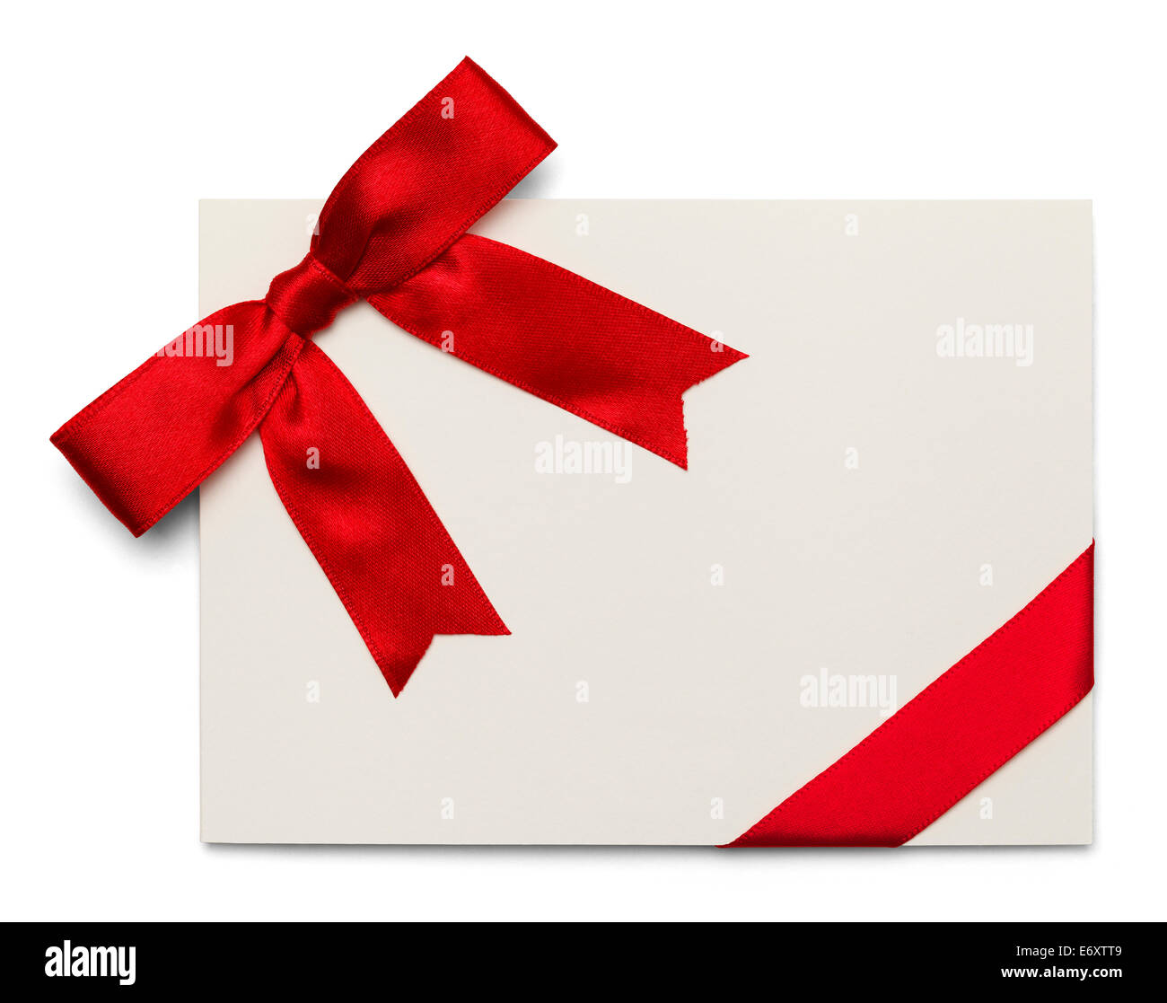 Blank Card With Red Bow and Ribbon Isolated on White Background. Stock Photo
