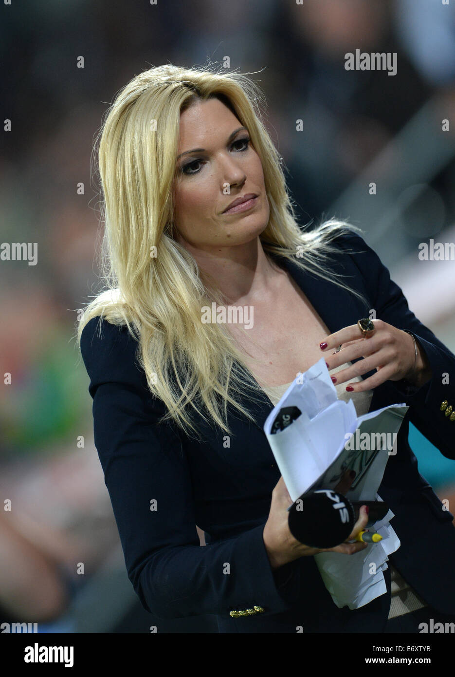 Augsburg, Germany. 29th Aug, 2014. Television presenter Jessica Kastrop is pictured during the Bundesliga soccer match between FC Augsburg and Borussia Dortmund at SGL Arena in Augsburg, Germany, 29 August 2014. Photo: Andreas Gebert/dpa/Alamy Live News Stock Photo