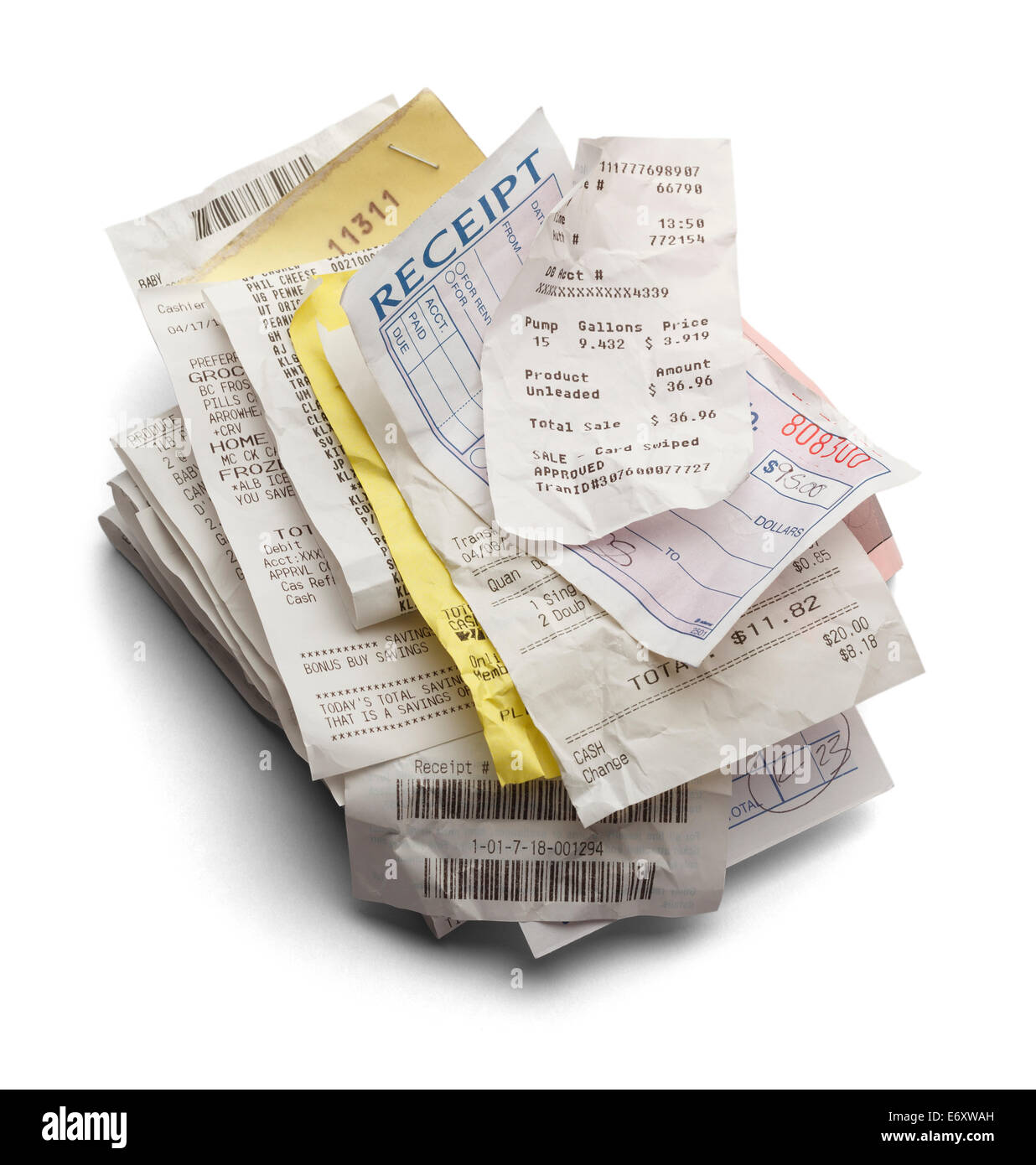 Pile of Varioous Receipts Isolated on White Background. Stock Photo