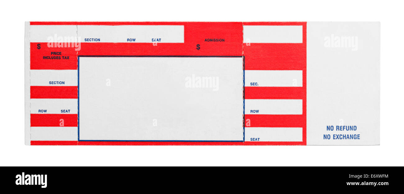 Blank Red Concert Performance Ticket Isolated on White Background. Stock Photo