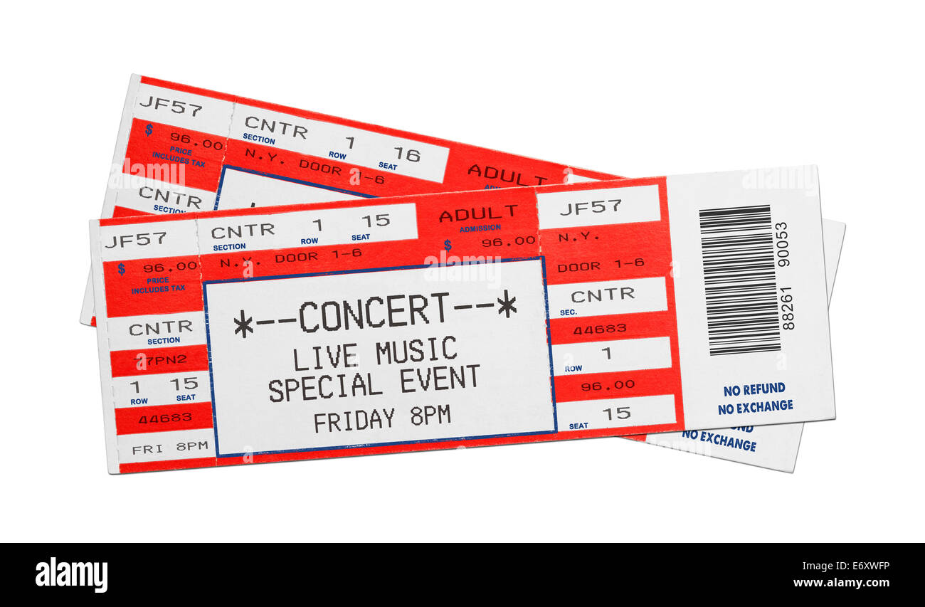 Pair of Blank Red Concert Performance Tickets Isolated on White Background. Stock Photo