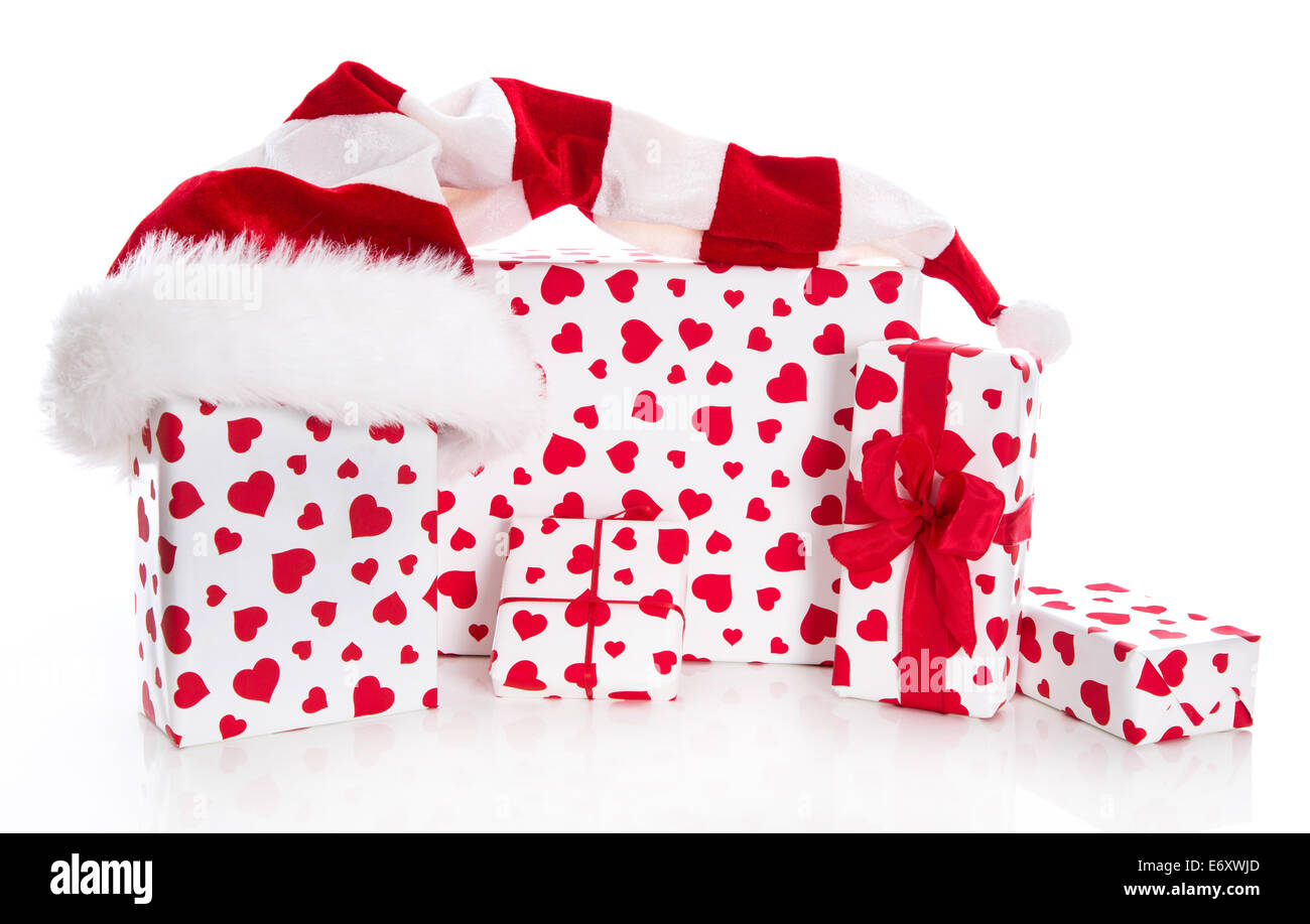 Santa's hat with red and white gift box, isolated on white background ...