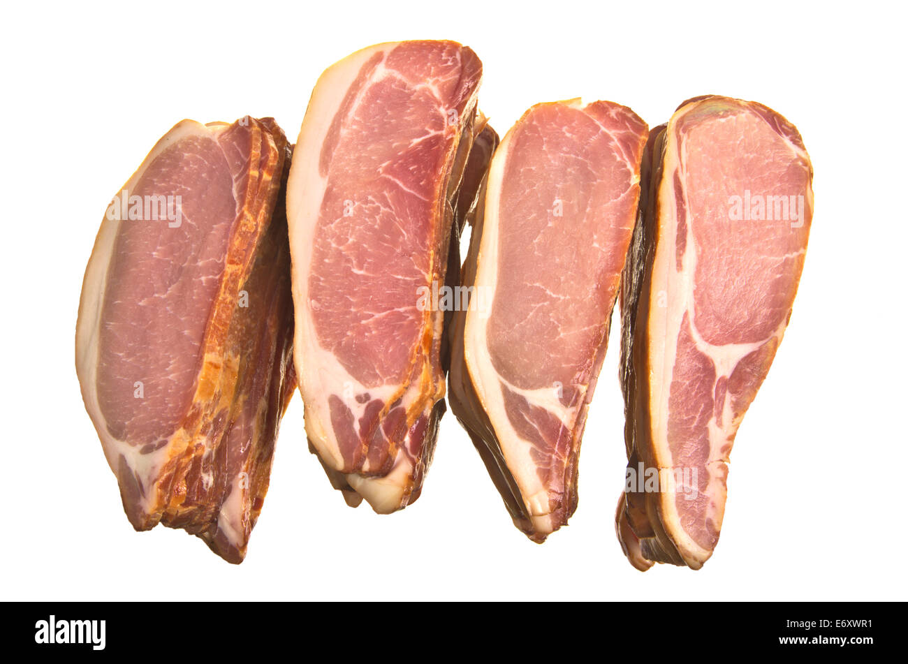Norfolk black smoked bacon slices isolated on white. Stock Photo