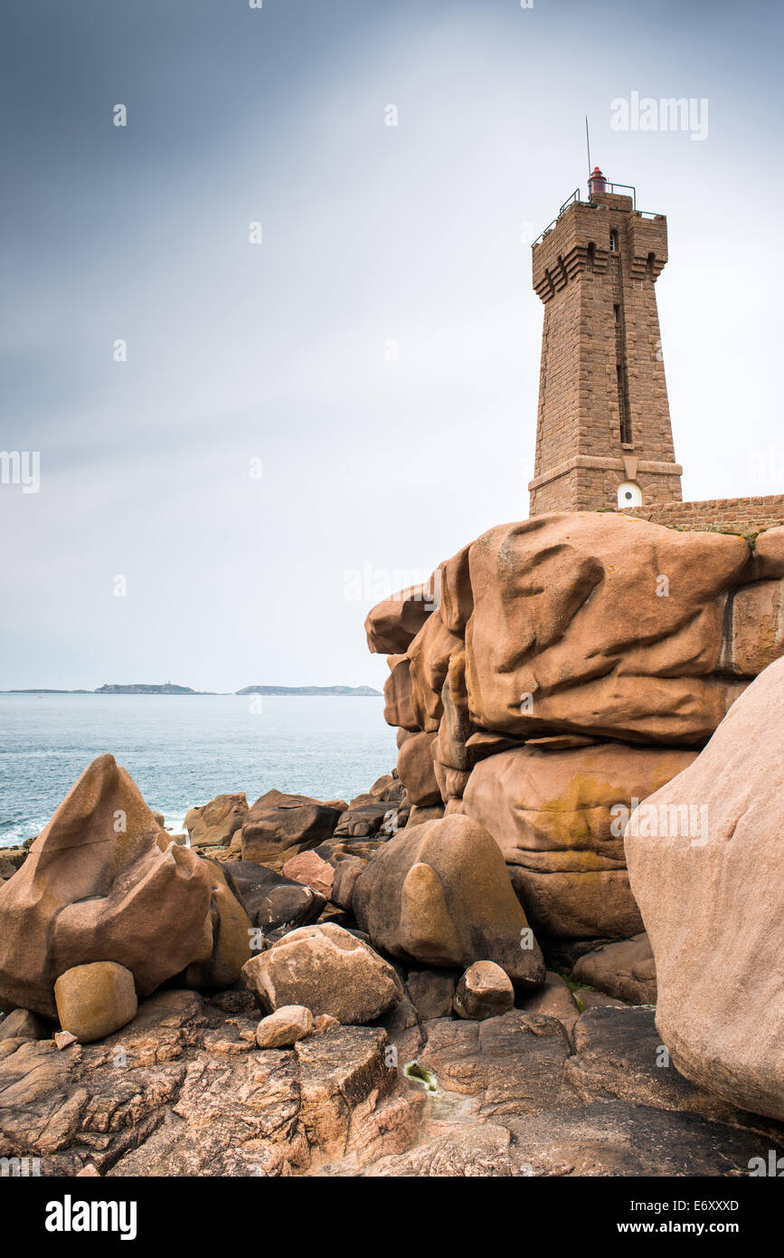 Pink Rocks France Lighthouse and pink granite rocks, Ploumanach, Cotes d'Armor, Brittany ...
