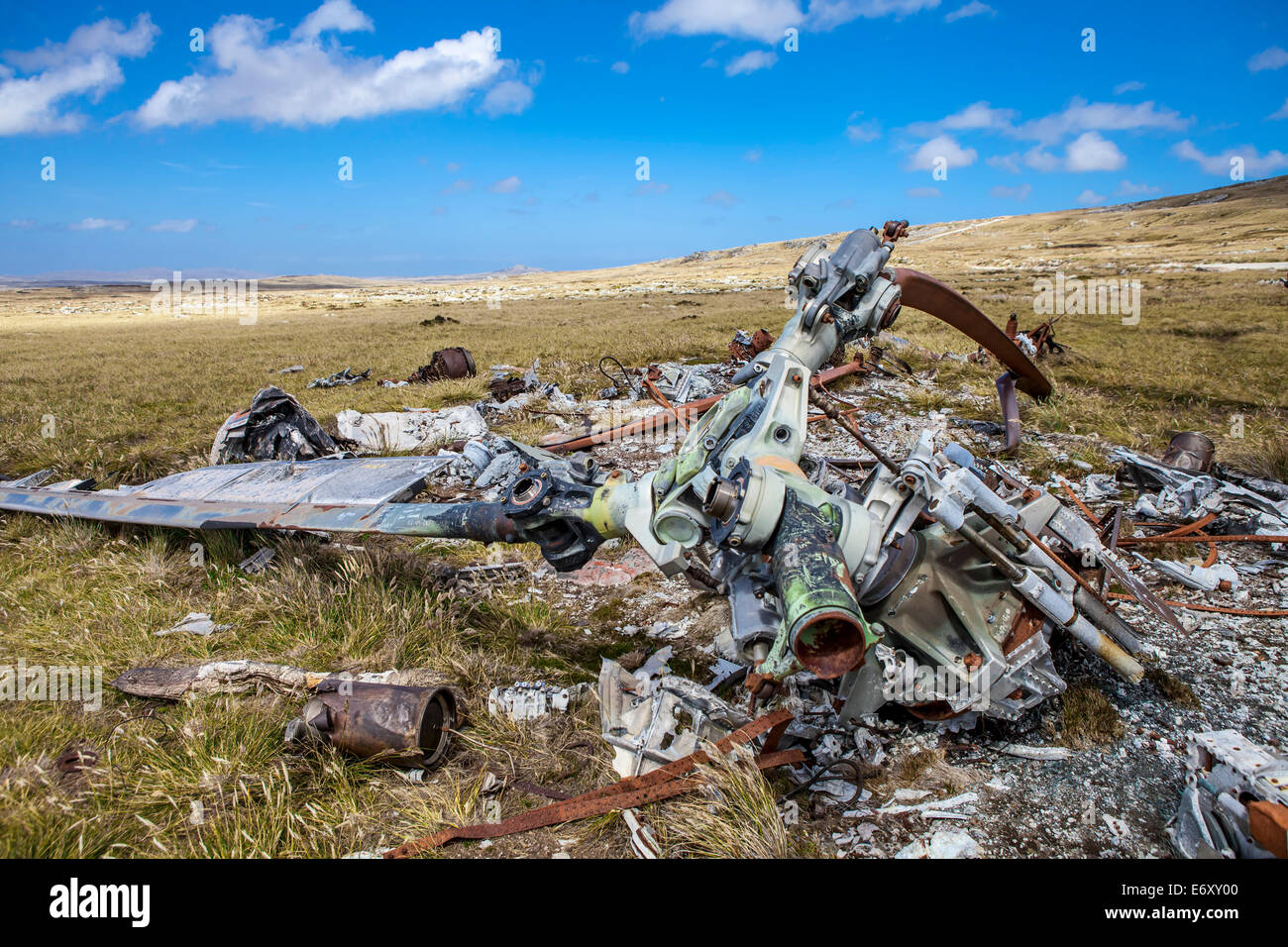 Helicoptere Crashed in Falkland Islands. From Falklands War, wreck of a argentine crashed helicopter left over from the Falkland Stock Photo