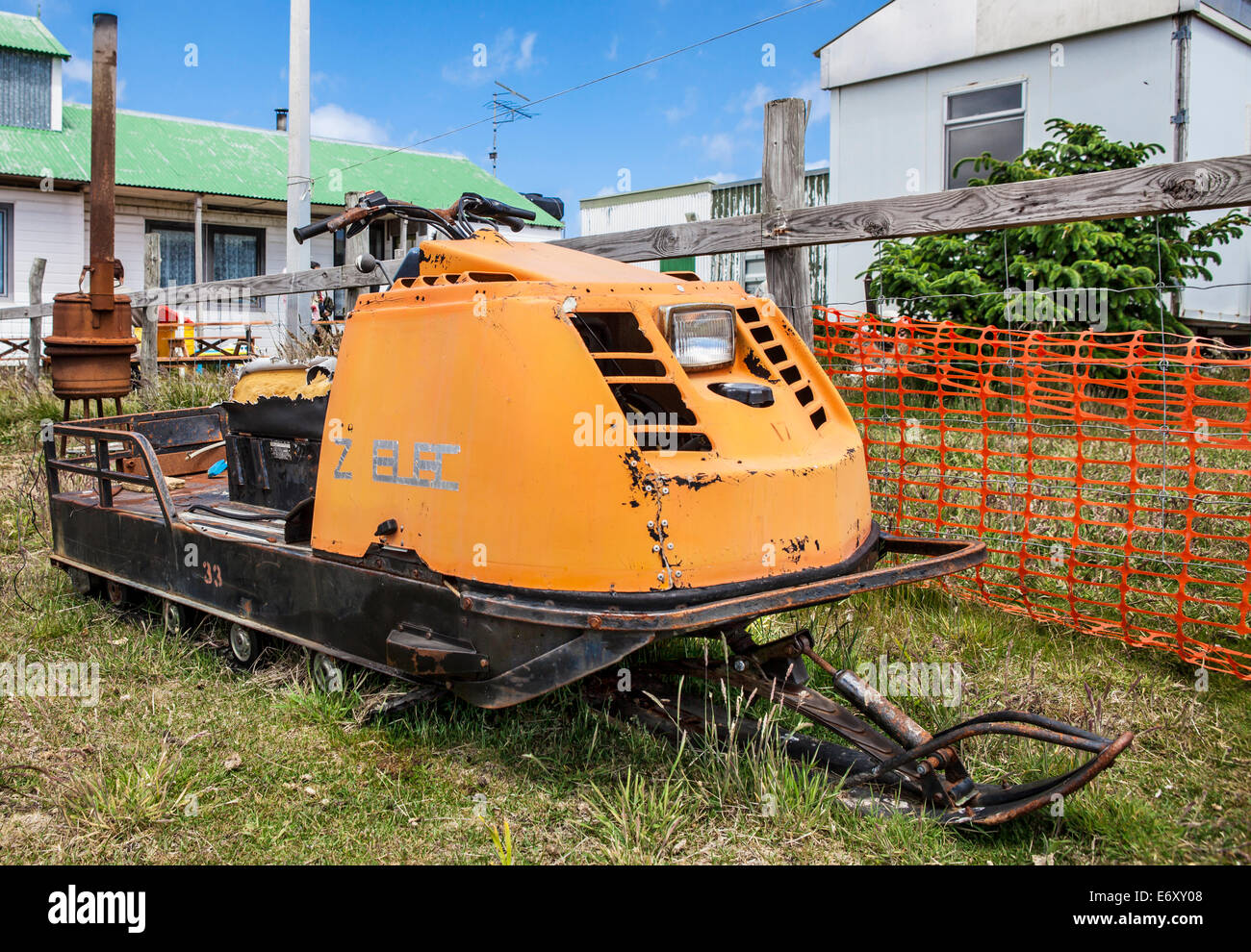 Old SnowMobile on Falkland Island. Small farm near North Pond on East Falkland, at 1.5 hr from Port Stanley. Stock Photo