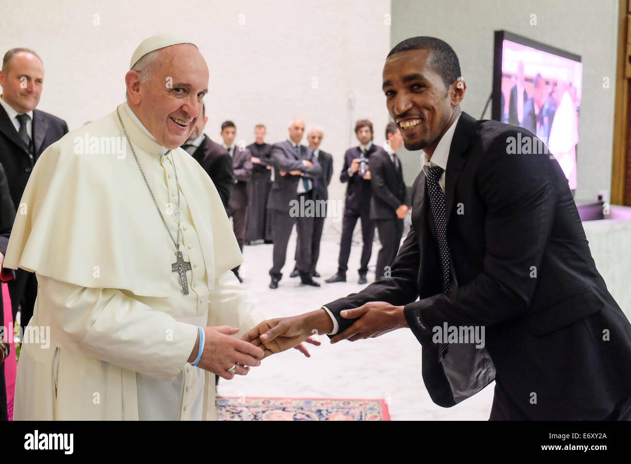 Rome, Italy. 1st Sept, 2014. Pope Francis encounters the football teams of the 'Match fot Peace' played today at the Olympic Stadium in Rome Credit:  Realy Easy Star/Alamy Live News Stock Photo