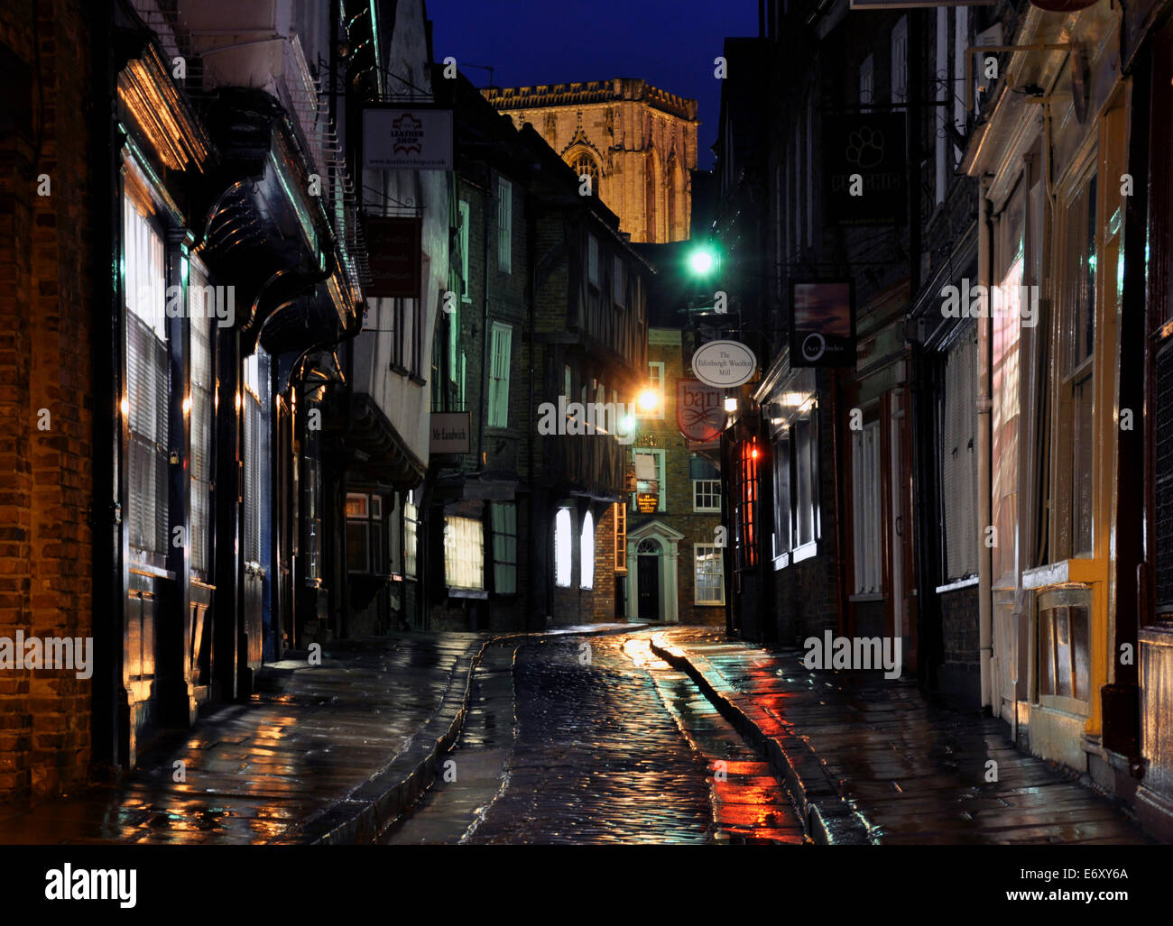 The Shambles, York at night after rainfall Stock Photo Alamy
