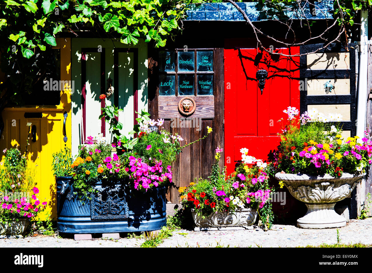 Doors with Flower Planters Stock Photo - Alamy