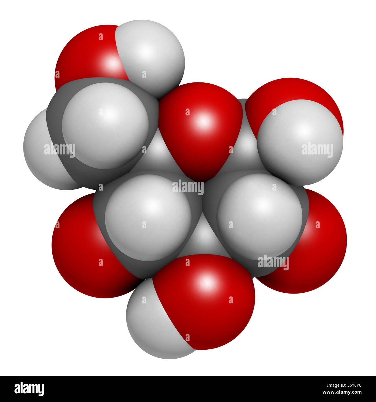 Glucose (Dglucose, dextrose) grape sugar molecule. Atoms are
